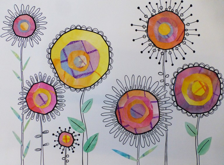 fantasiblomster, mixed media, pennetegning, vannmaling, klipp og lim, diy