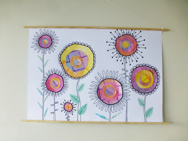 fantasiblomster, mixed media, vannmaling, fremgangsmåte